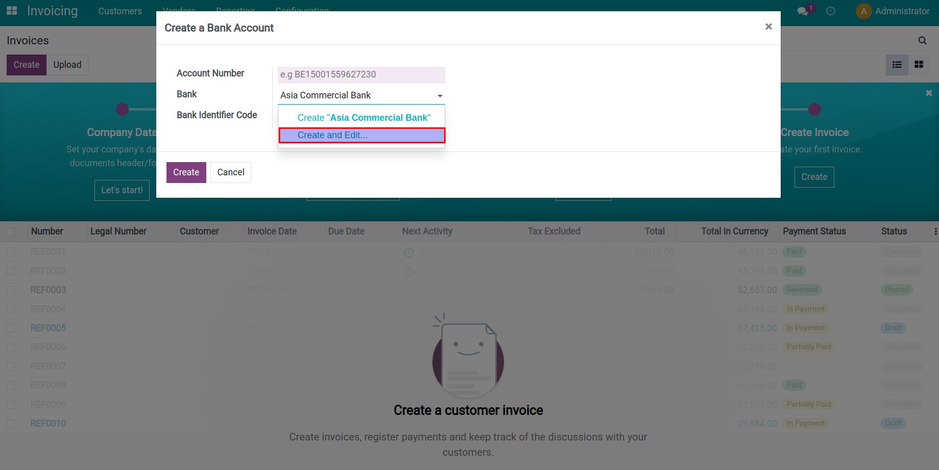Create a new bank account from Invoicing app