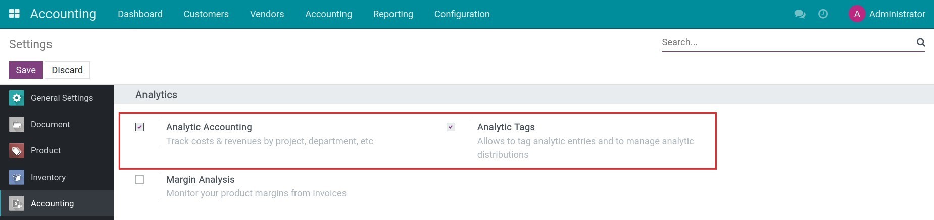 Activate Analytic accounting feature