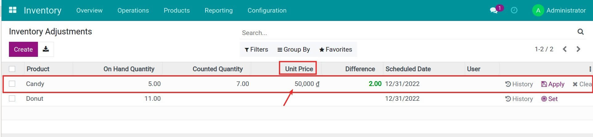 Unit price on inventory adjustment