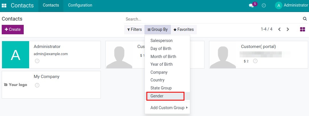 Add a group, filter by *Gender* on the Contacts app.