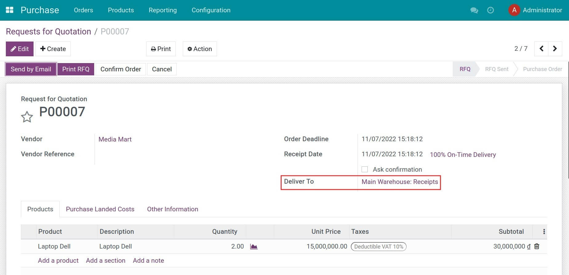Create a purchase order with delivery to the main warehouse