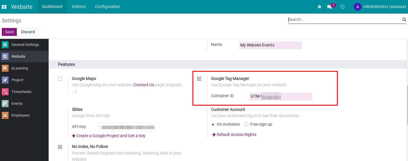 Add the ID of Google Tag Manager on the Website