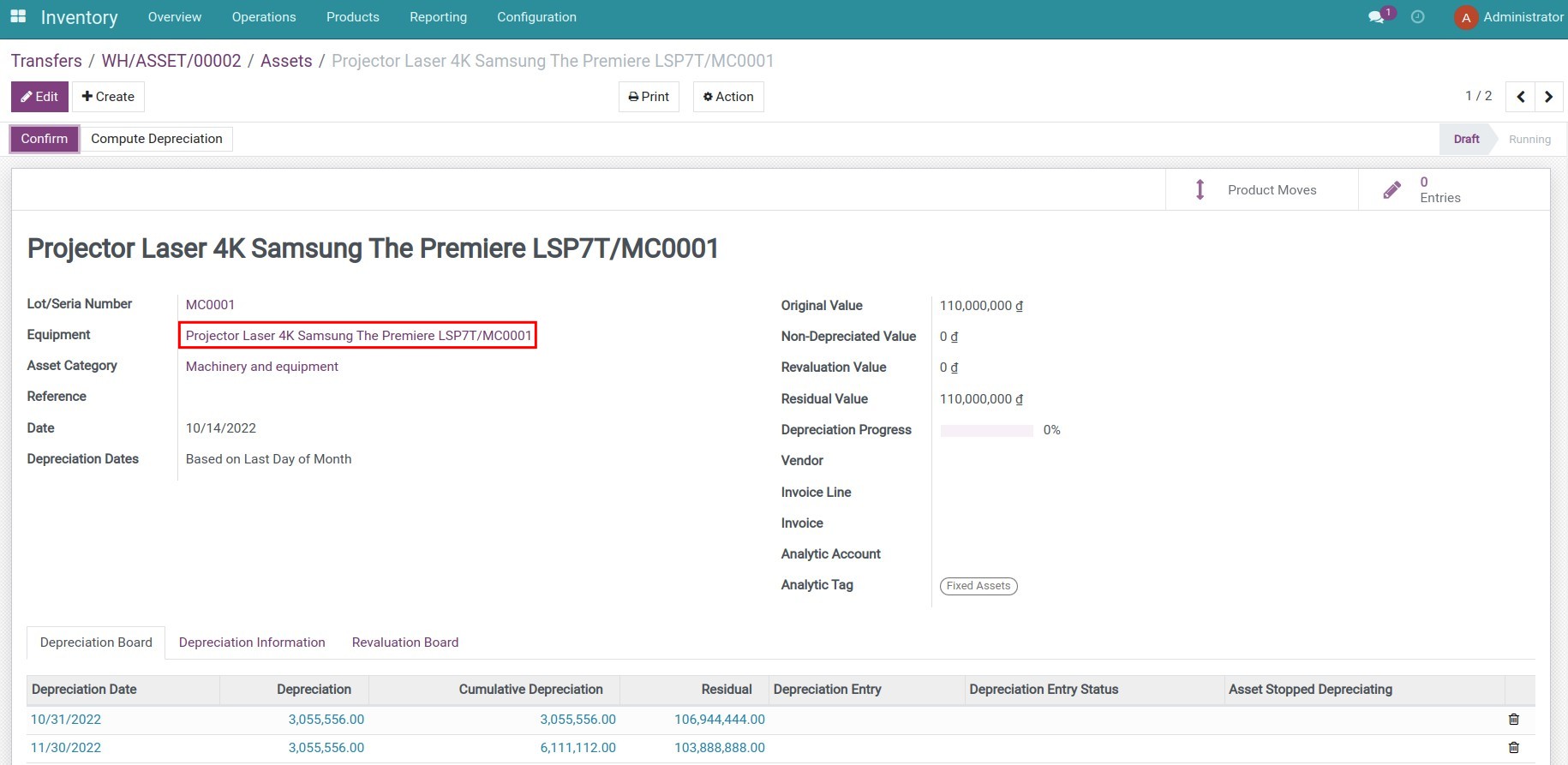 Check the equipment information attached to the asset