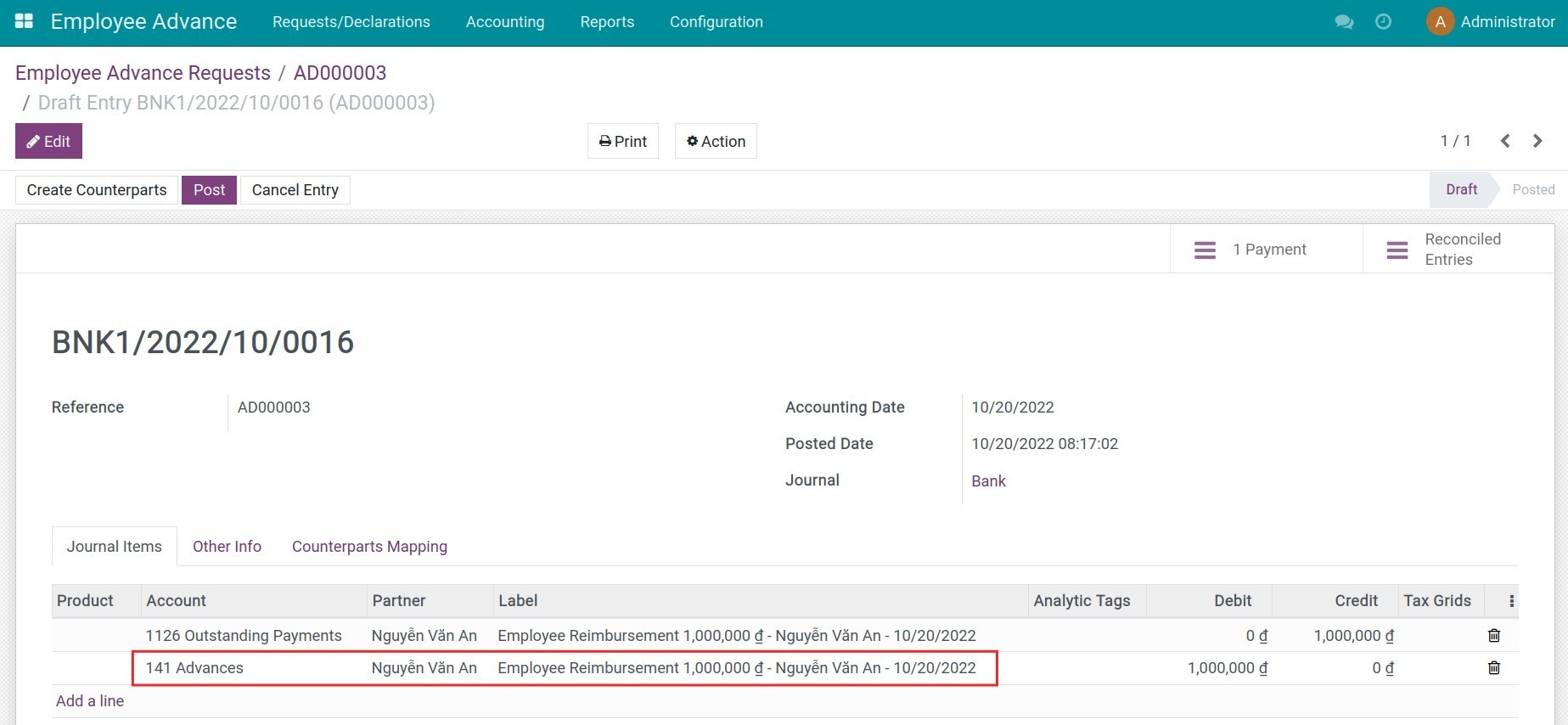Journal entry record the employee advance