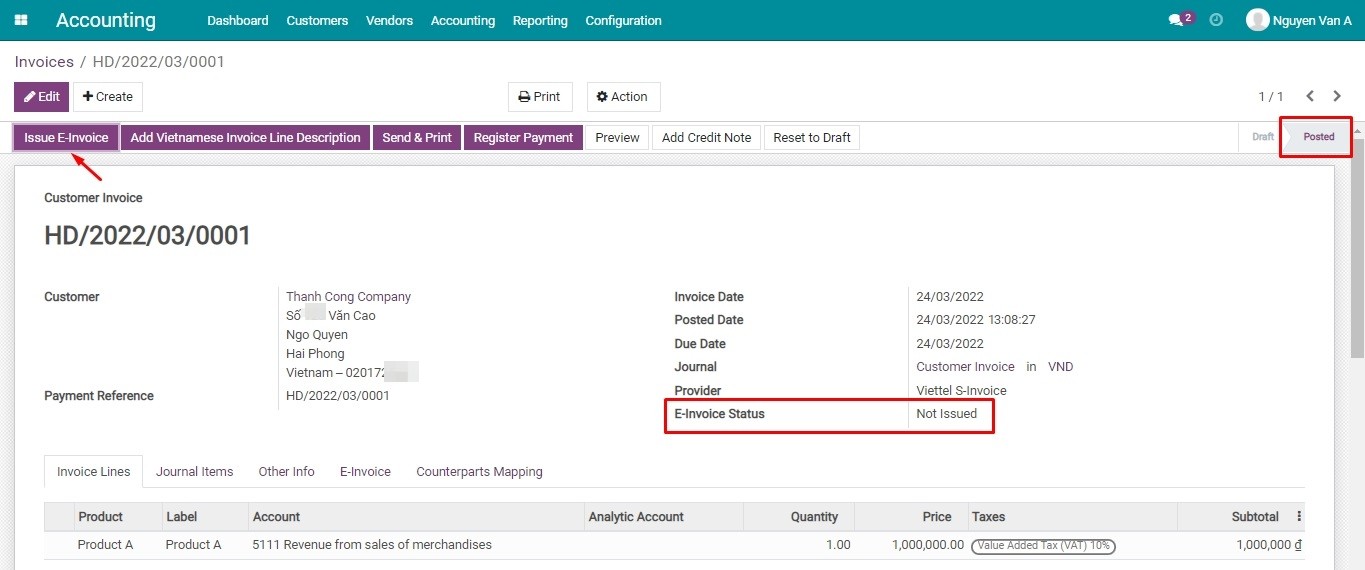 Issuing the S-Invoice e-invoice from the customer invoice