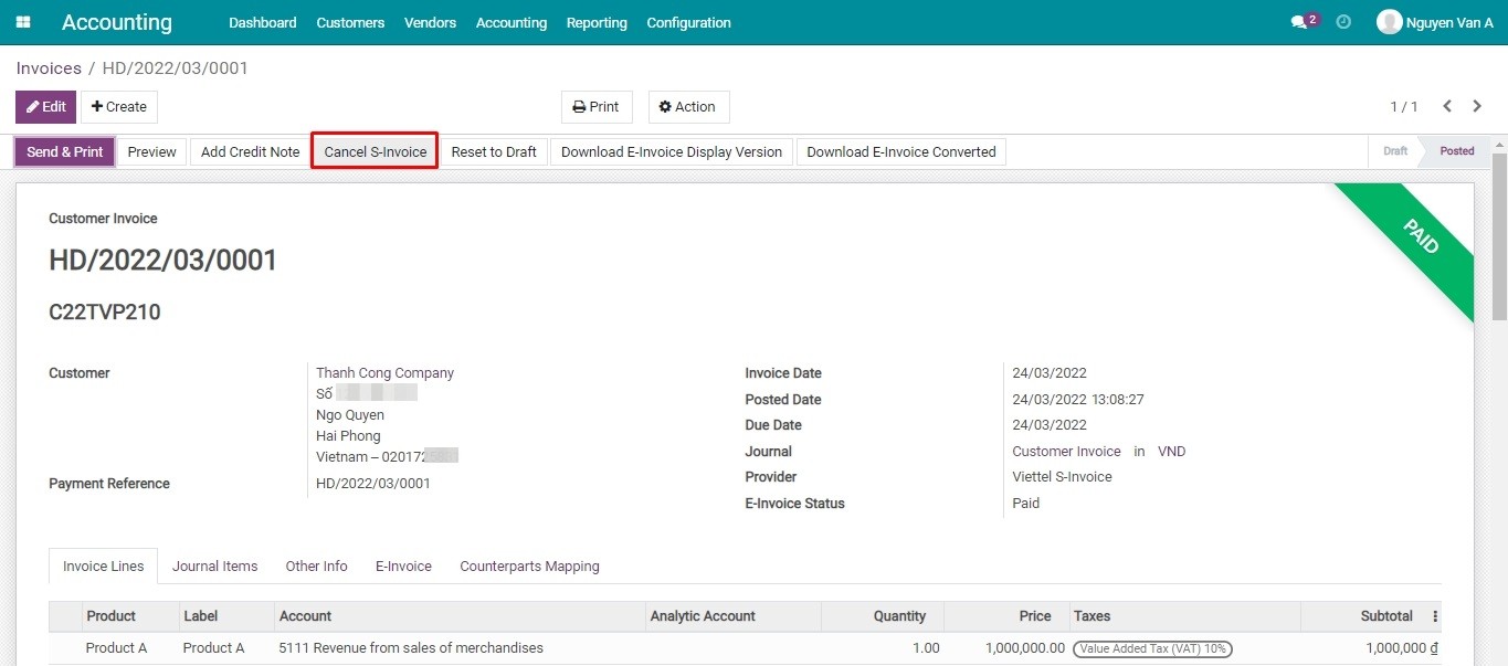 Blocked cancel on an issued Viettel S-Invoice (redirect to adjust/replace)