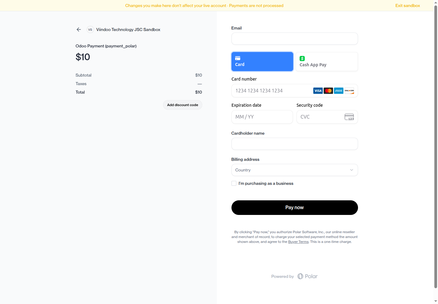 Polar's own hosted checkout page, where the buyer enters their card details