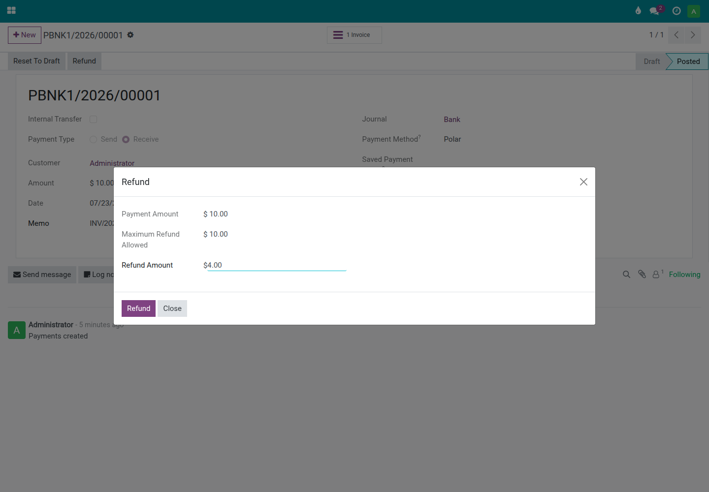 Issuing a refund of a settled Polar payment from the standard Odoo refund action