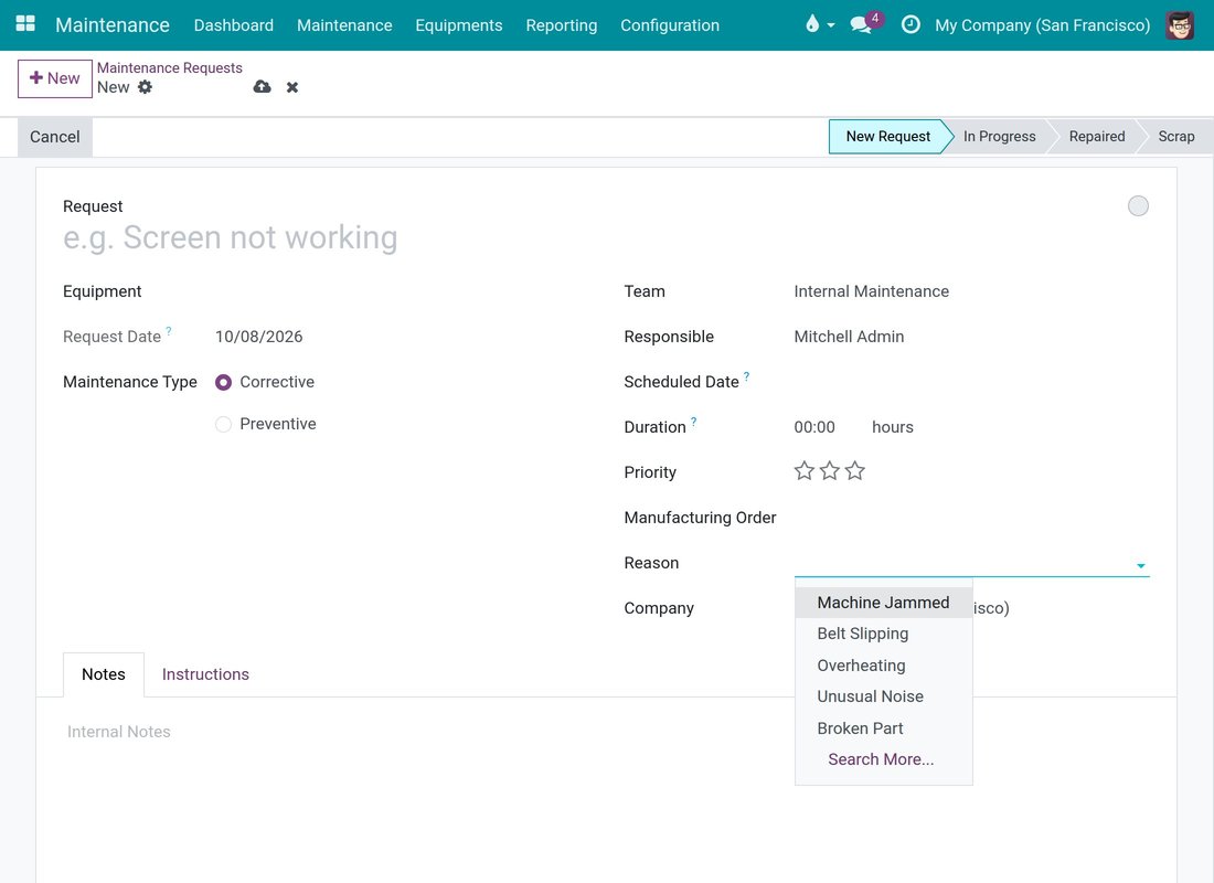 The Reason list of a new request including Belt Slipping