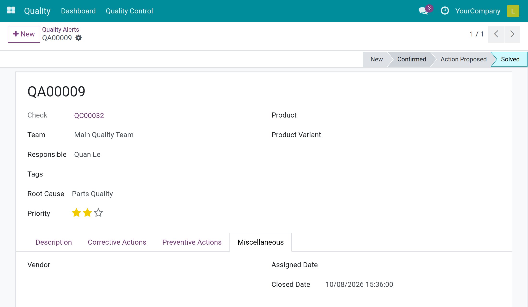 A solved alert with its Closed Date on the Miscellaneous tab