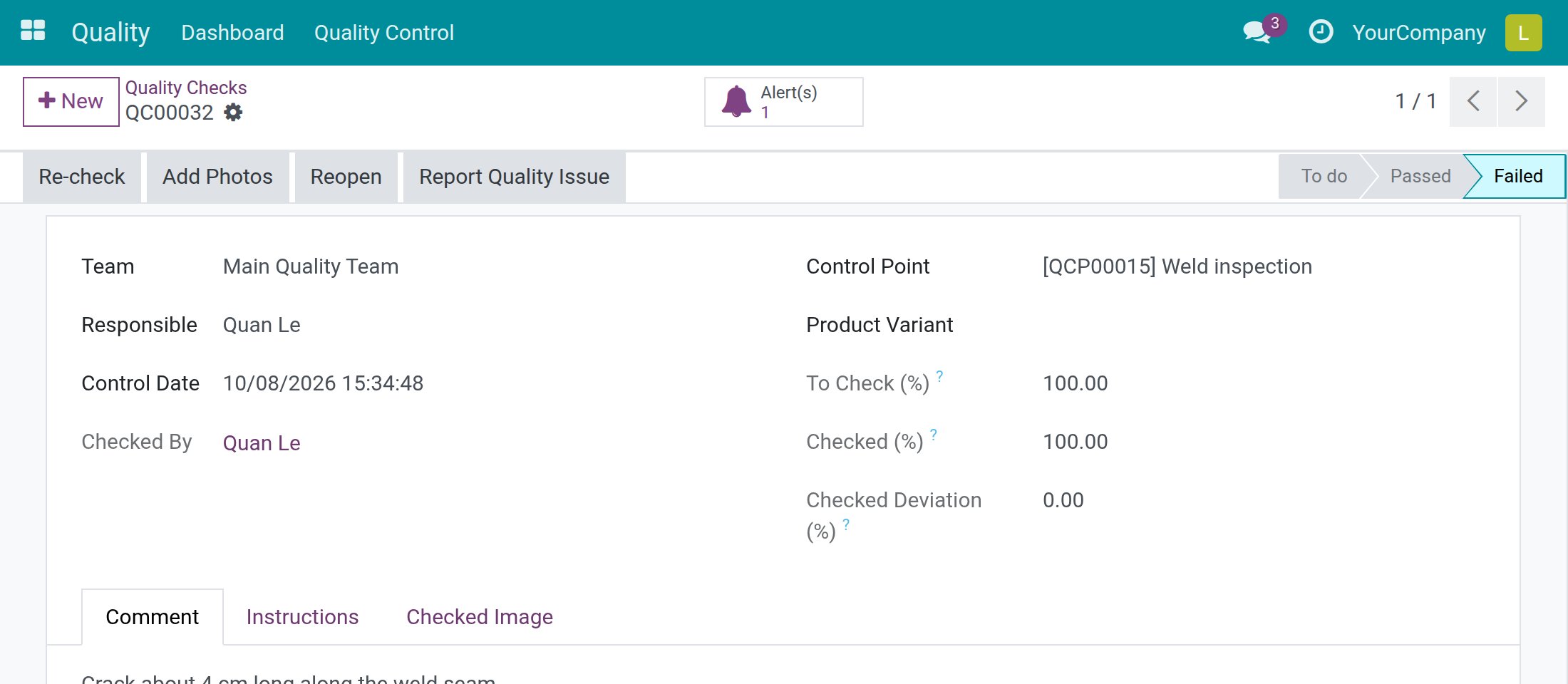 A failed check seen by a Quality User with Re-check, Add Photos, Reopen and Report Quality Issue