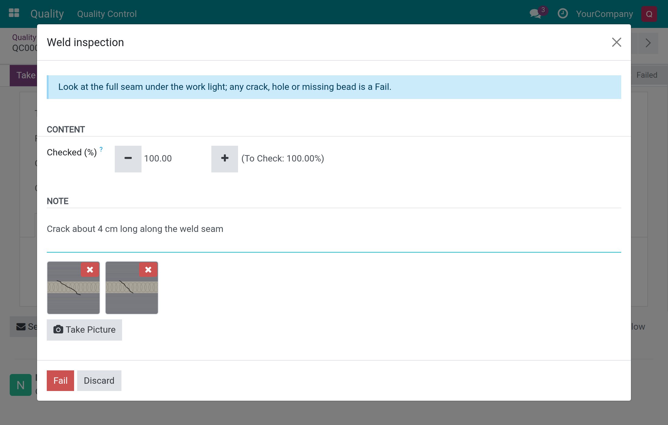 The dialog of a check with two photos, a note and the Fail button
