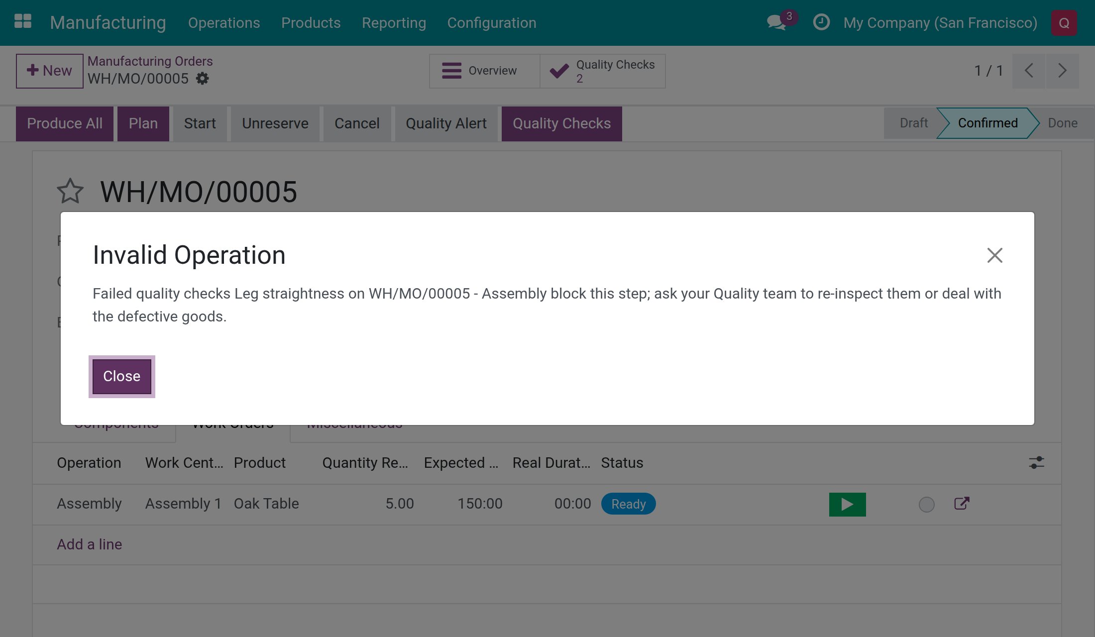 Message refusing the start and naming the failed check Leg straightness