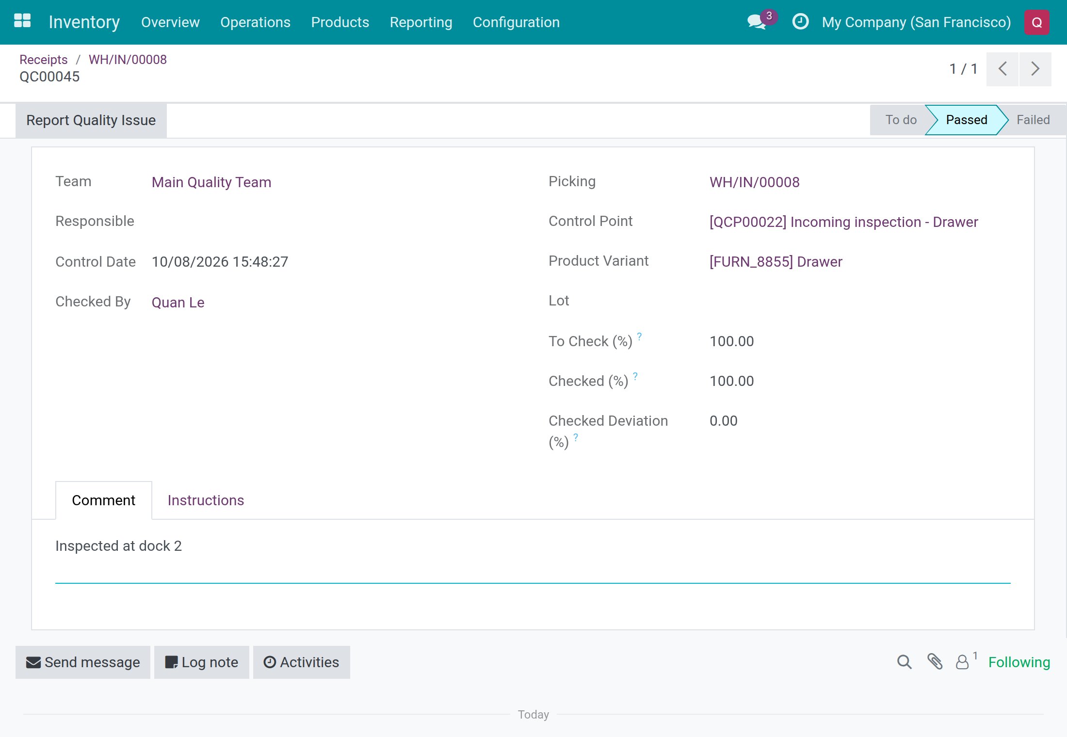 A passed check on a done receipt: only Report Quality Issue is offered, the comment can still be saved