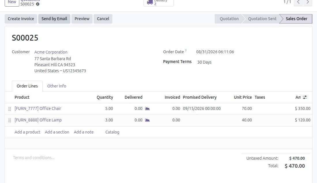 A confirmed sales order showing only the Promised Delivery column and a Delivery smart button