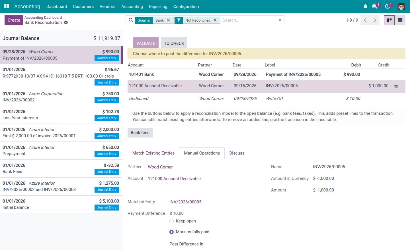 Mark as fully paid chosen for a short-paid invoice, with the message asking where to post the difference