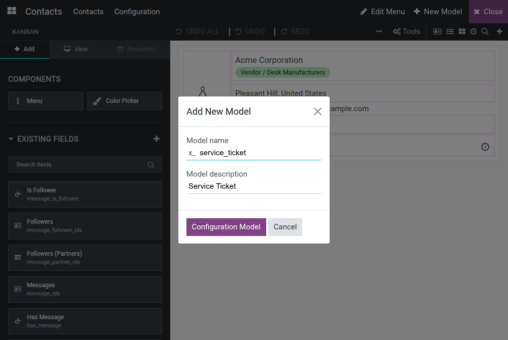 The Add New Model dialog with Model name and Model description