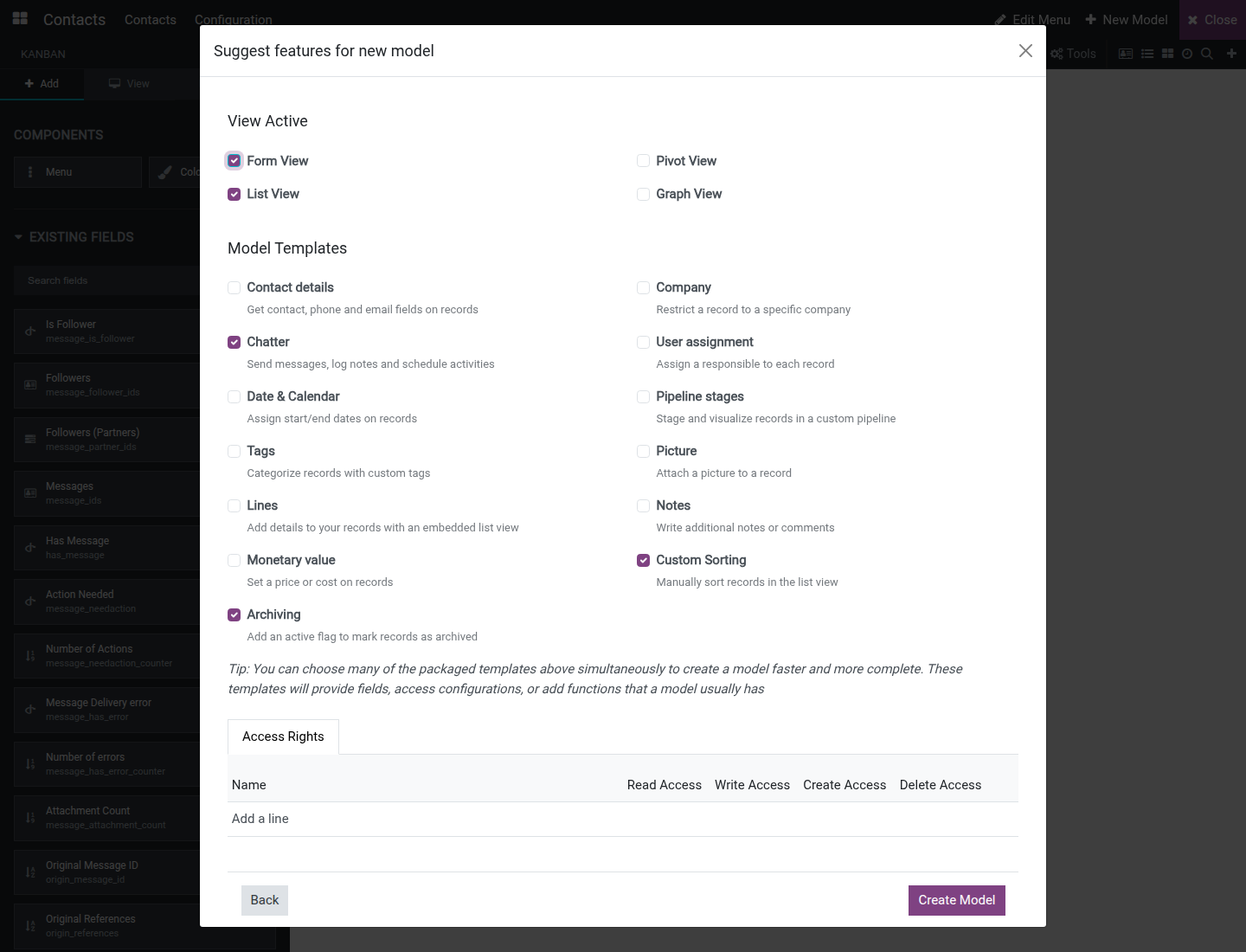 The Suggest features for new model dialog with View Active checkboxes, Model Templates, the Access Rights tab and the Create Model button