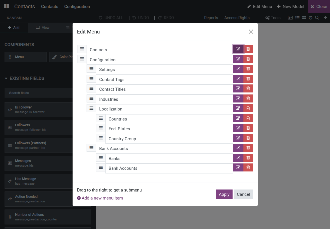 The Edit Menu list with a drag handle plus a pencil and trash icon on each row, and the Apply and Cancel buttons