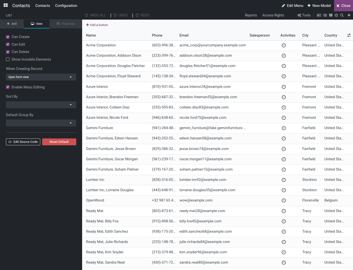 The List view's View tab with When Creating Record, Enable Mass Editing, Sort By, Order and Default Group By
