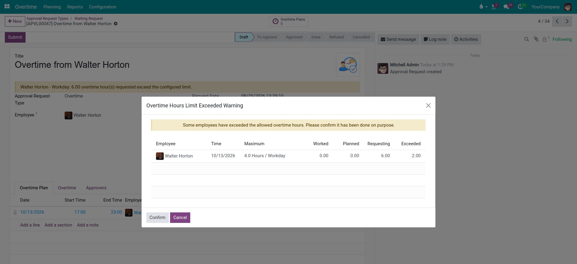 Overtime hours limit exceeded warning window listing each overrun