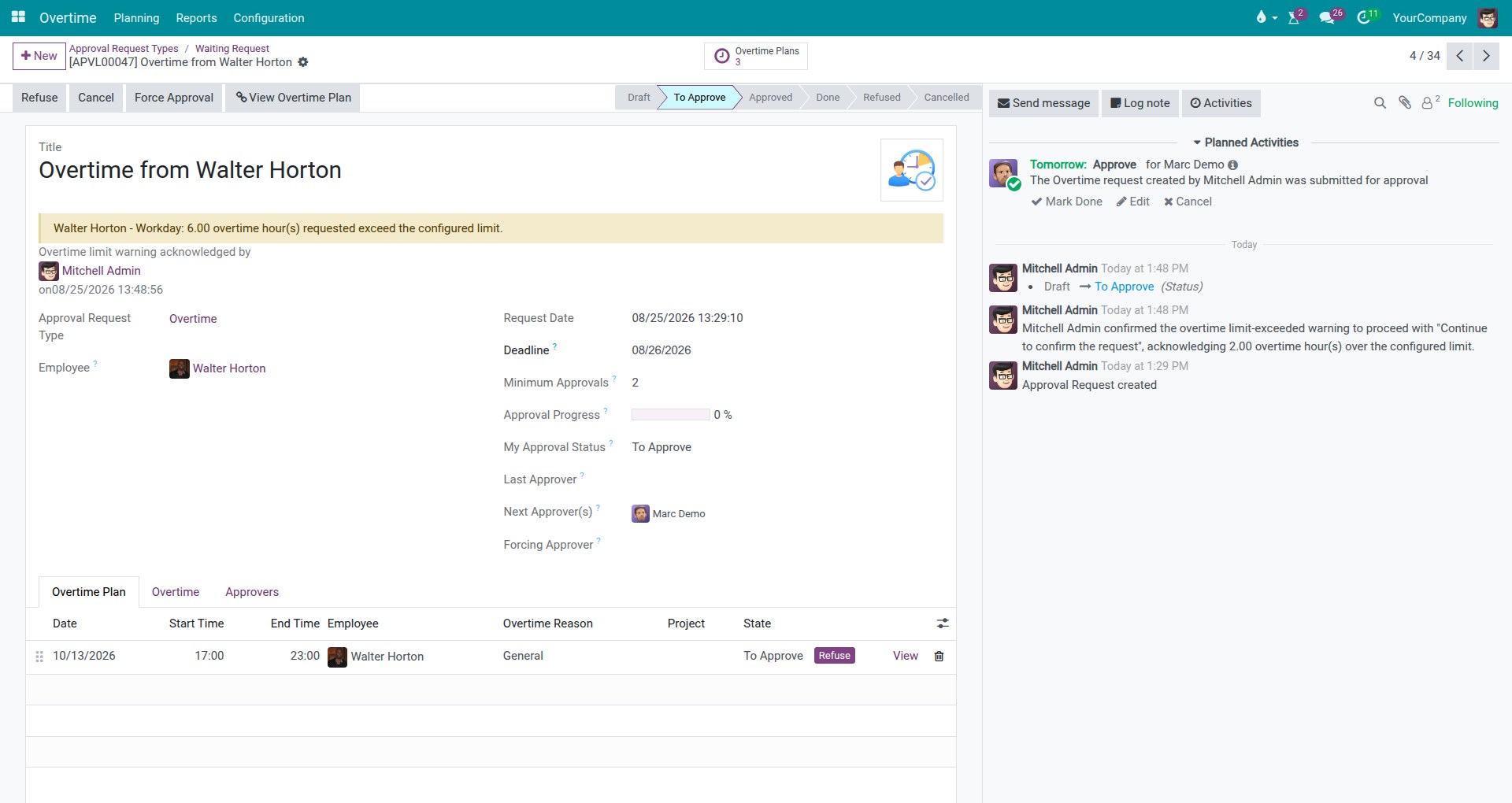 Request showing who confirmed the overtime limit warning and when