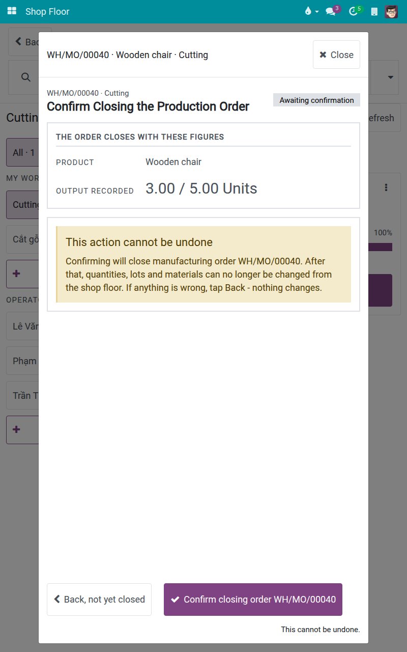 Confirm Closing the Production Order screen