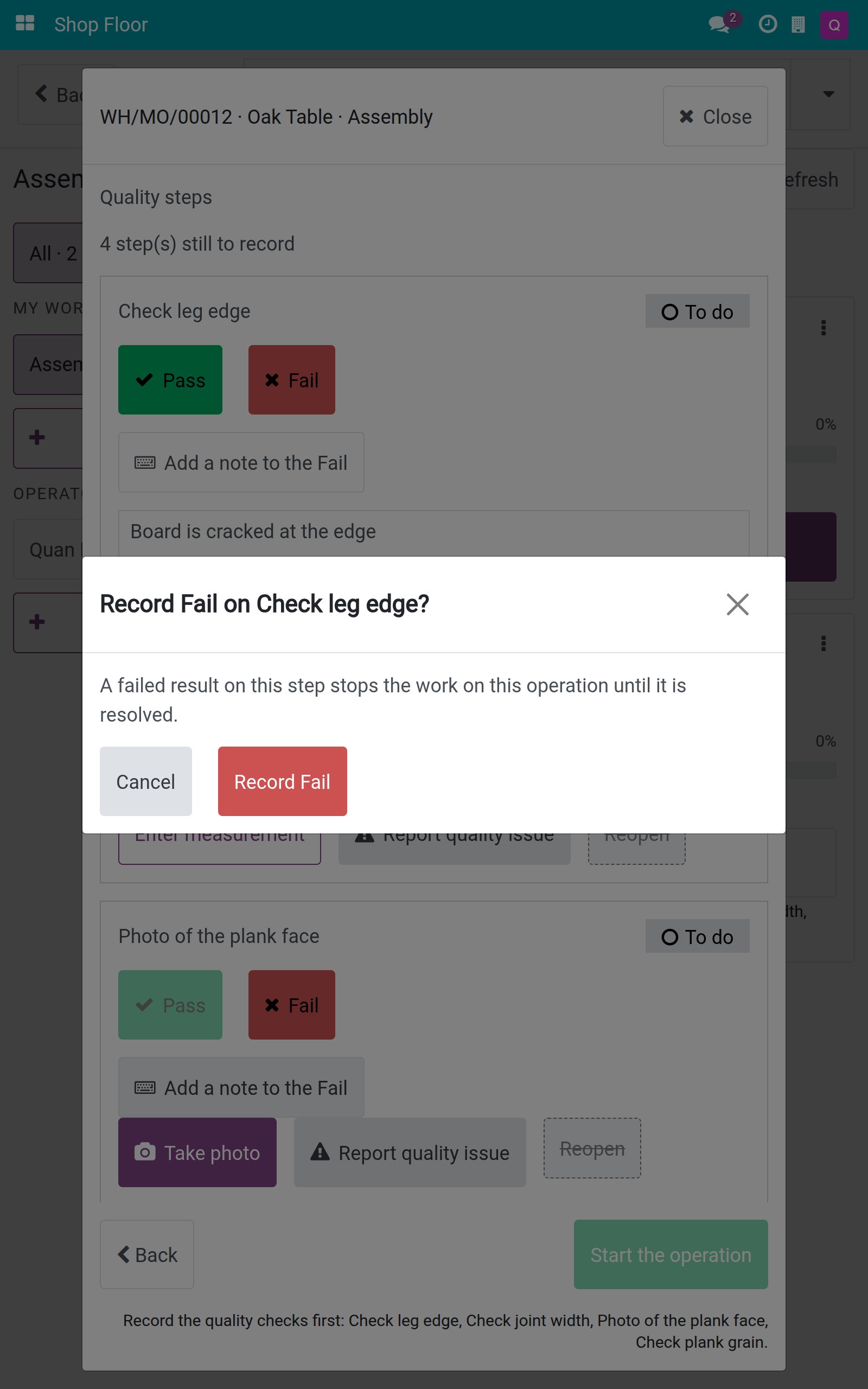 Confirmation Record Fail on Check leg edge with the buttons Cancel and Record Fail