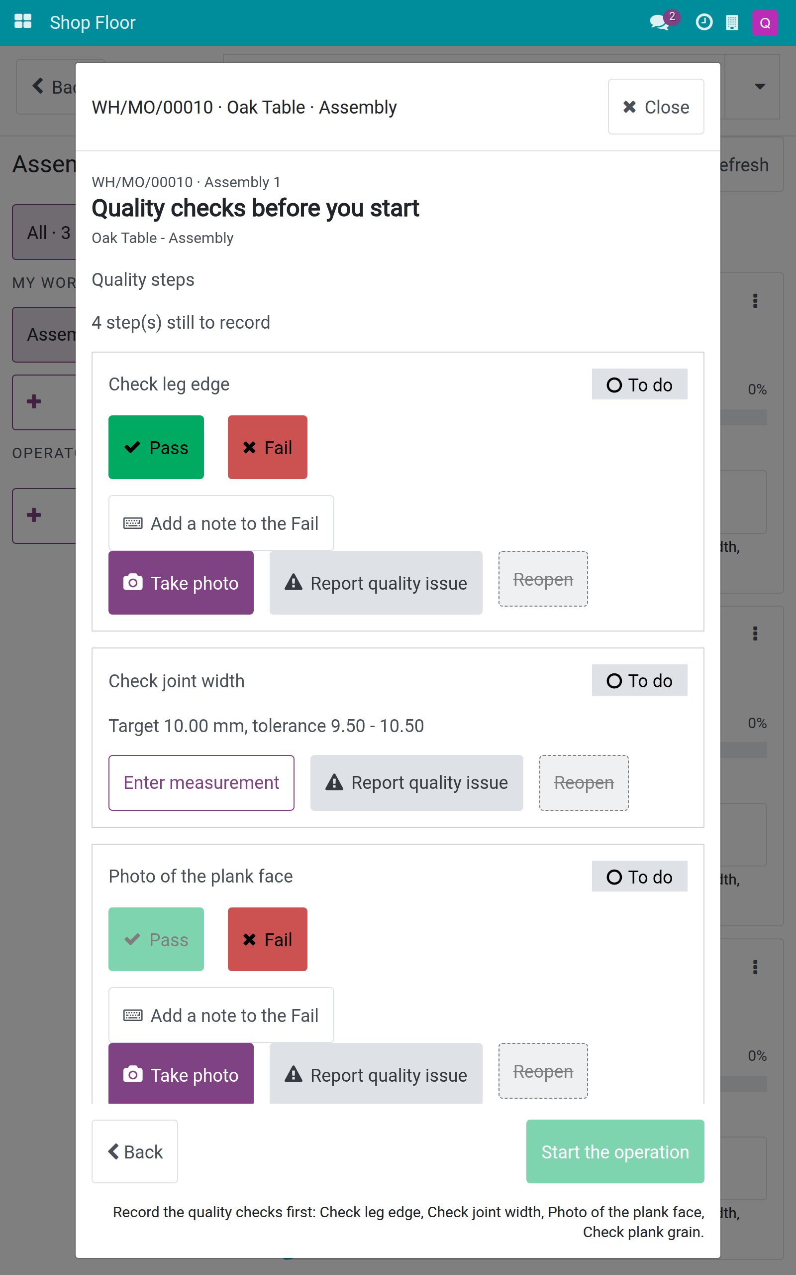 Quality checks before you start, listing four steps to do with the Start the operation button greyed out