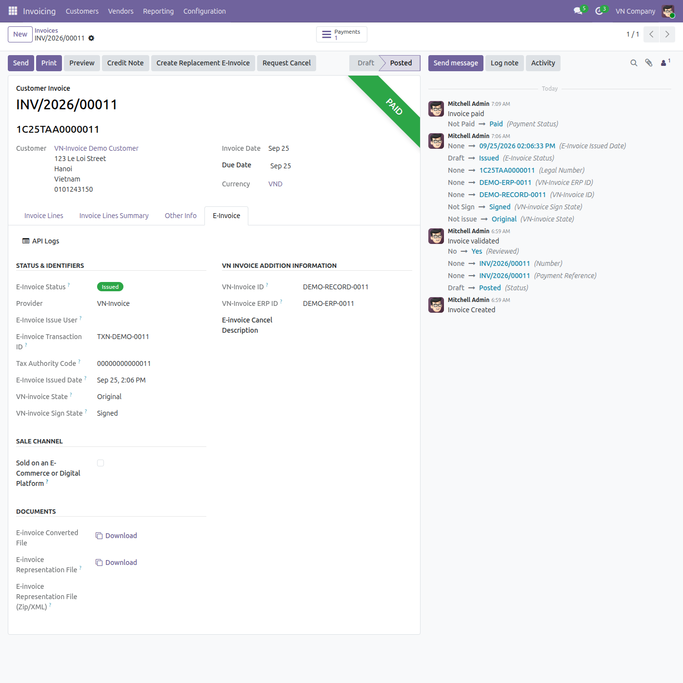 Paid invoice with its E-Invoice Status still shown as Issued