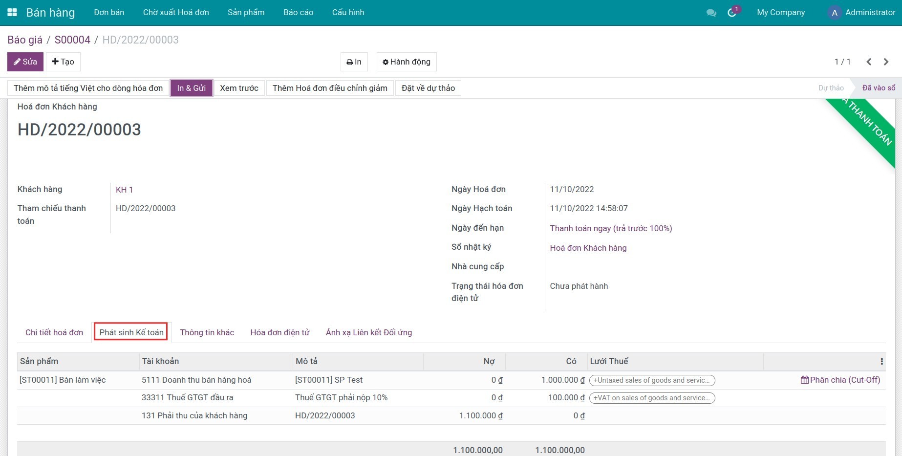 Phát sinh kế toán trên hóa đơn