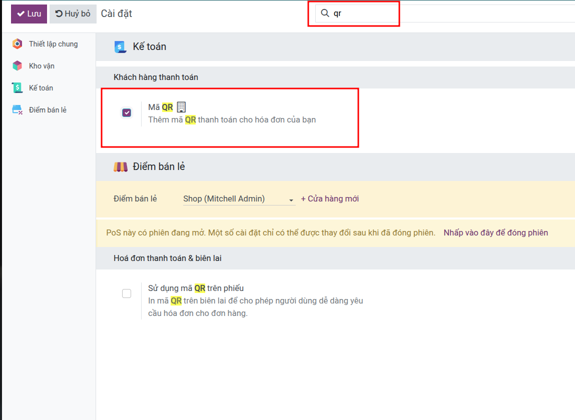 Bật thanh toán QR trong cài đặt