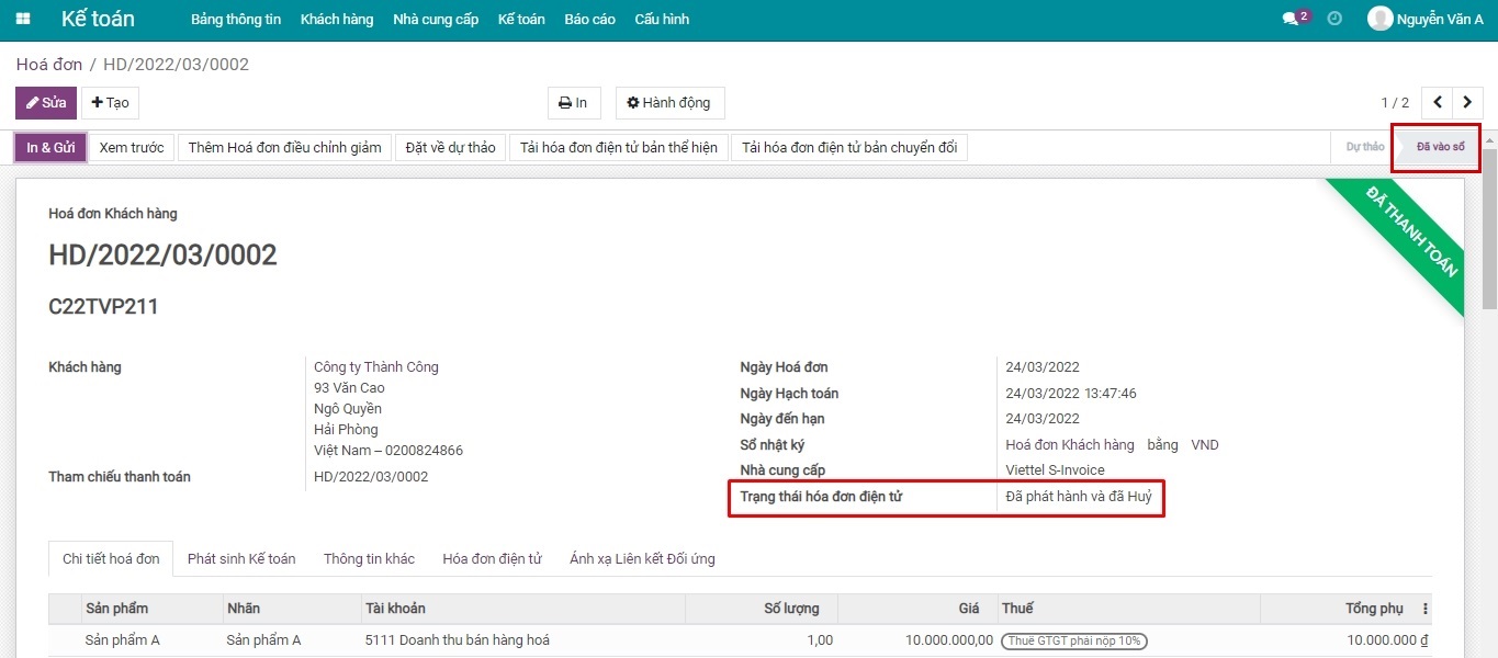 Trạng thái hóa đơn điện tử sau khi hủy một hóa đơn S-Invoice cũ