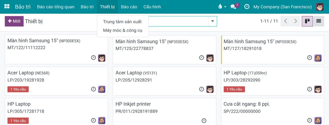 Menu Thiết bị với các mục Trung tâm sản xuất và Máy móc & công cụ