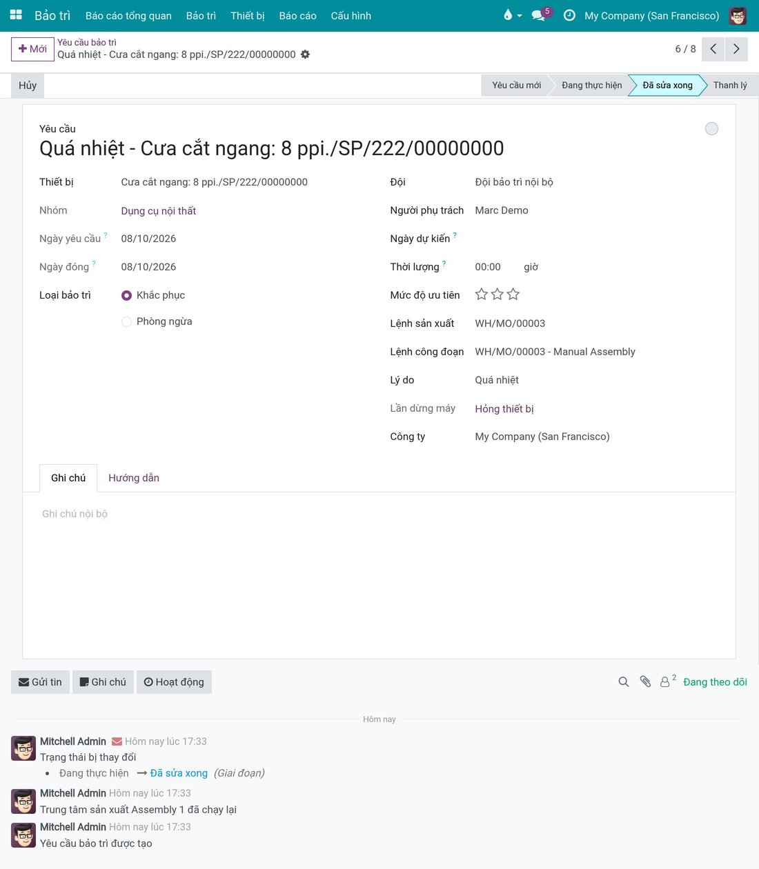 Yêu cầu giao cho Marc Demo được quản lý bảo trì đóng