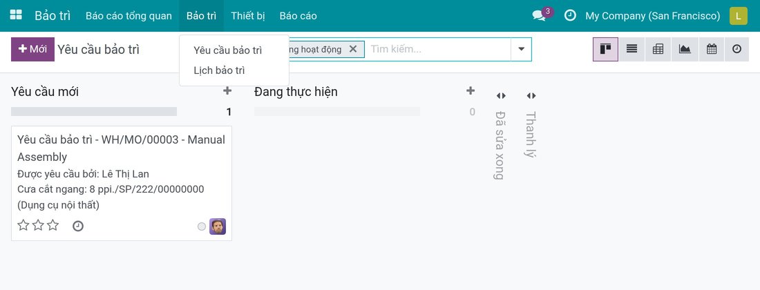 Menu Bảo trì với mục Yêu cầu bảo trì