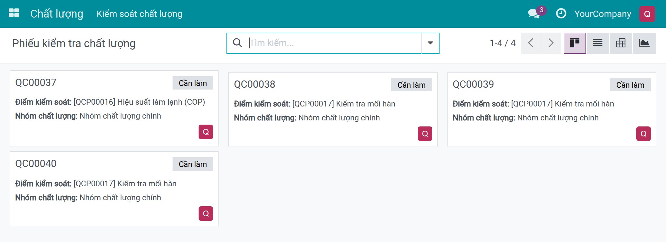 Bảng phiếu kiểm tra chất lượng của một người kiểm tra với bốn phiếu cần làm