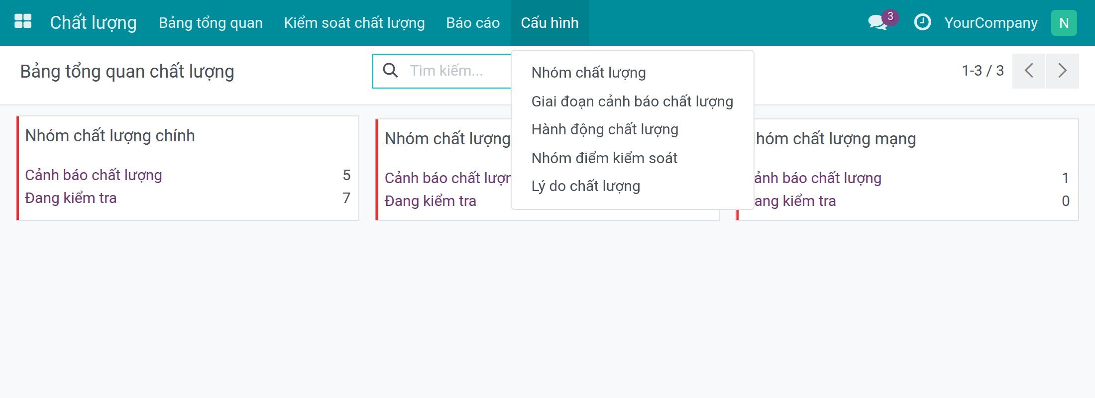 Menu Cấu hình của ứng dụng Chất lượng