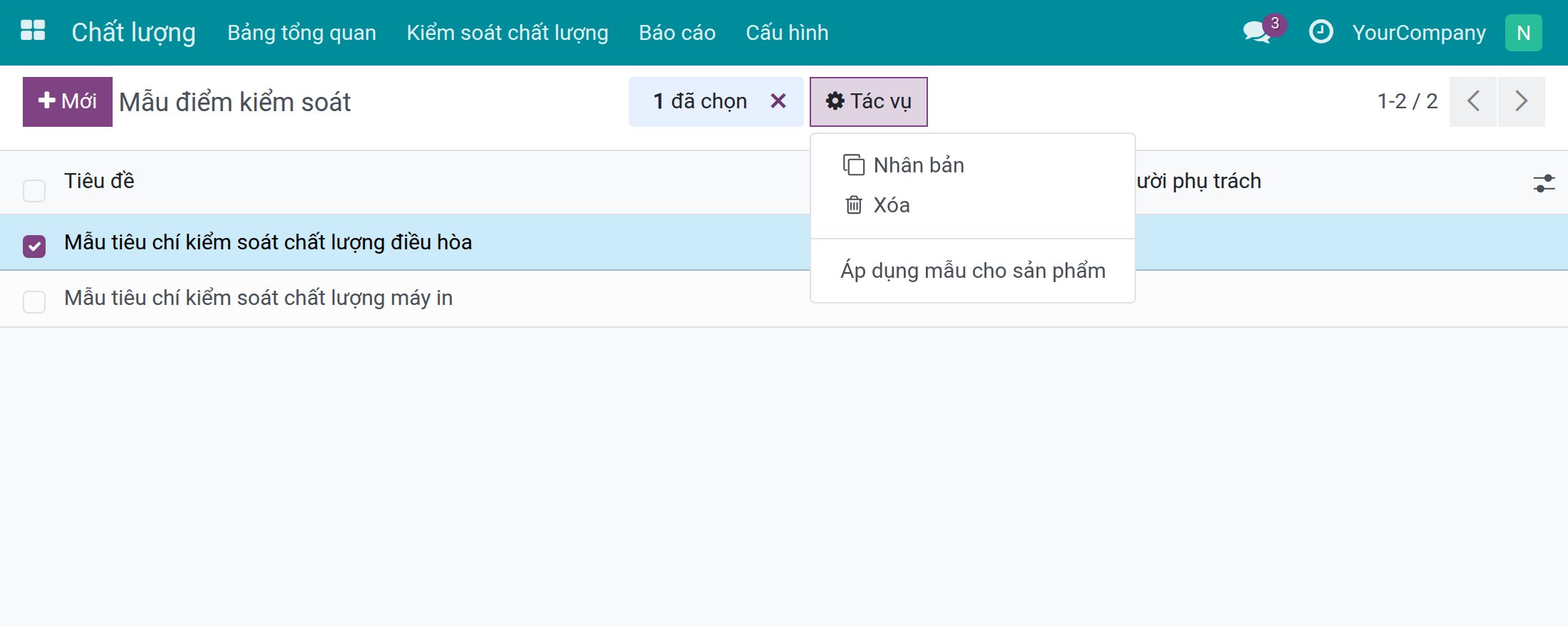 Menu Tác vụ của danh sách mẫu với mục Áp dụng mẫu cho sản phẩm