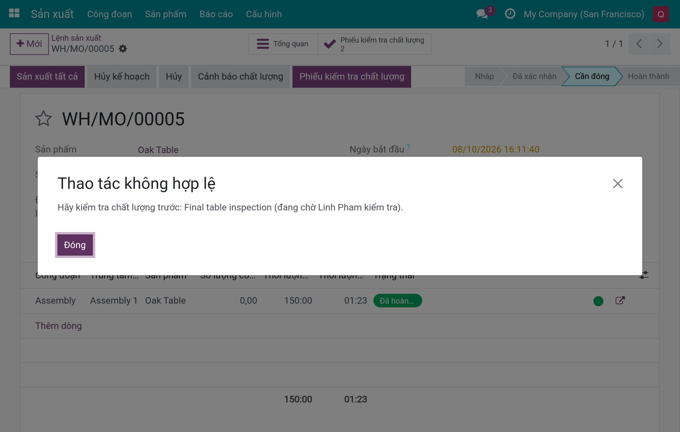 Thông báo từ chối hoàn thành lệnh, liệt kê Final table inspection đang chờ Linh Pham
