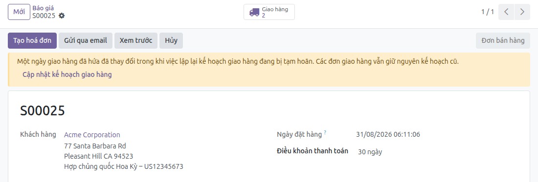 Dải cảnh báo lập lại kế hoạch giao hàng trên đơn bán đã xác nhận, trước khi ấn Cập nhật kế hoạch giao hàng