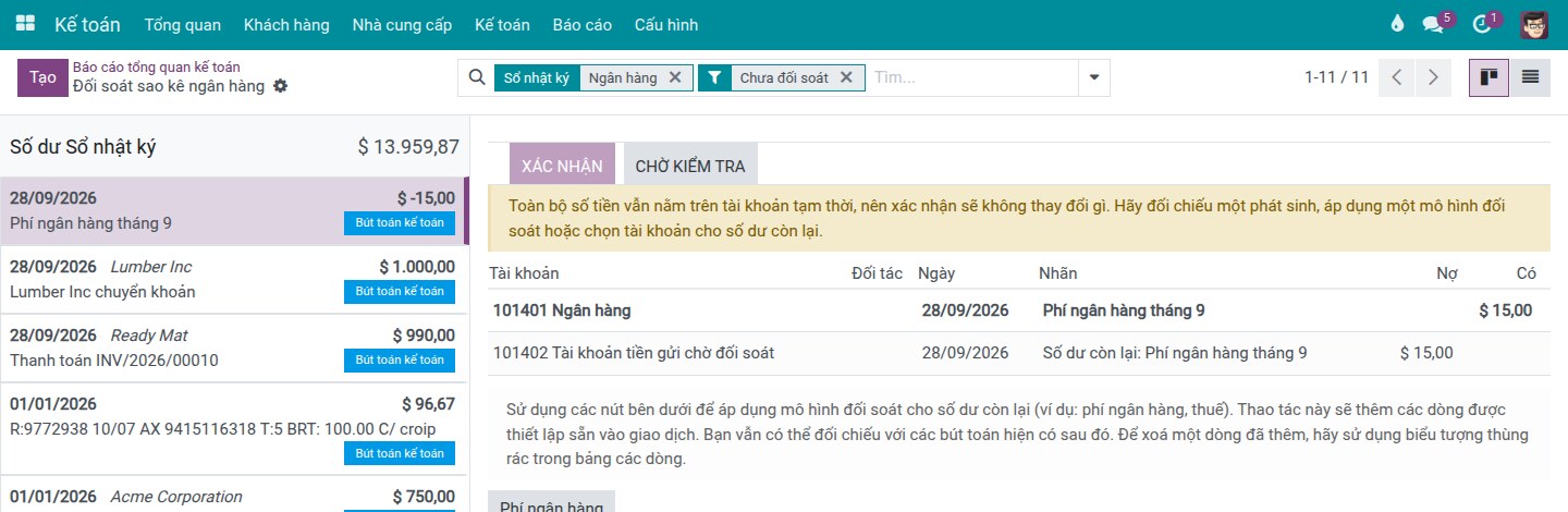 Giao dịch phí ngân hàng trước khi đối chiếu, với thông báo rằng sẽ không có gì được vào sổ