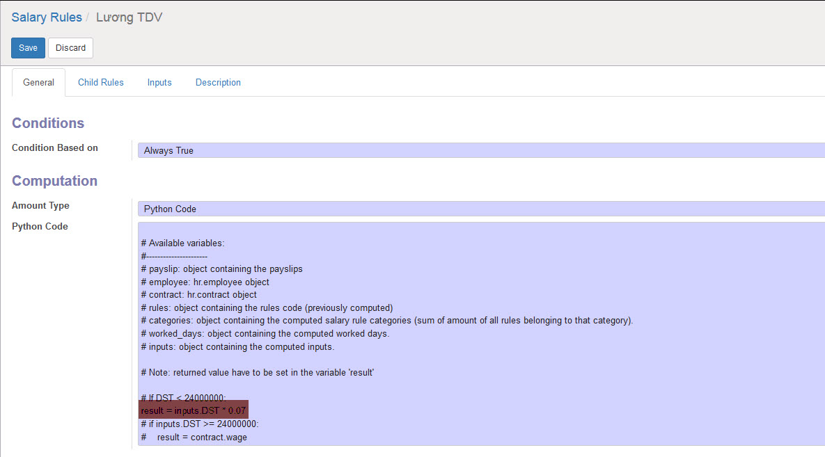 Wrong python code defined for salary rule