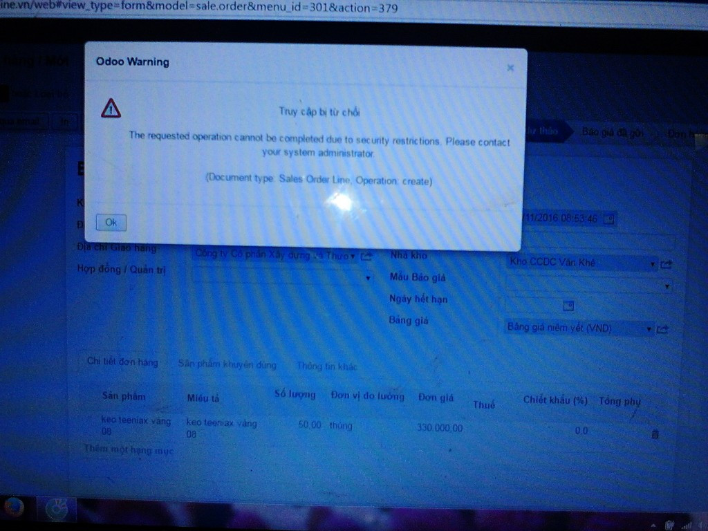 Không lưu được dơn hàng trong ERP