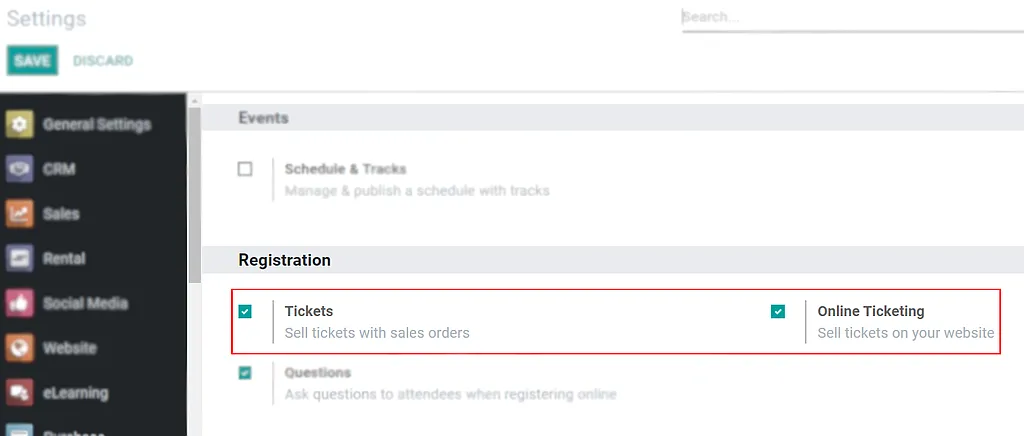 View of the settings page for Odoo Events