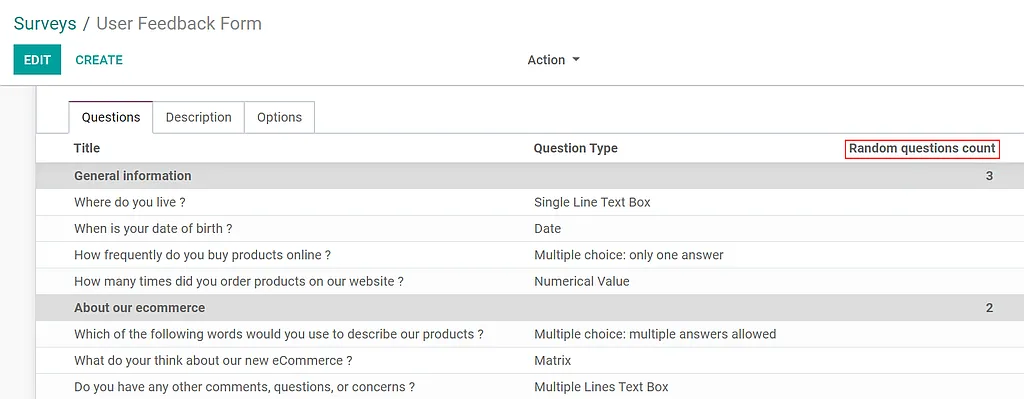 View of a survey form emphasizing the random questions count column in Odoo Surveys