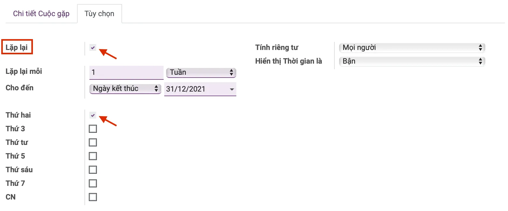 Tab Tùy chọn trong ưng dụng Lịch ở Odoo/ERPOnline tab-tuy-chon-trong-lich-erponline