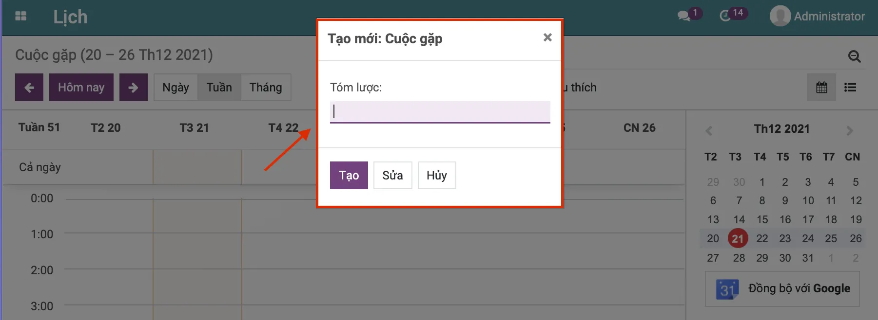 Tạo nhanh Cuộc gặp tại ứng dụng Lịch trong Odoo/ERPOnline tao-nhanh-cuoc-gap-tai-ung-dung-lich-trong-erponline