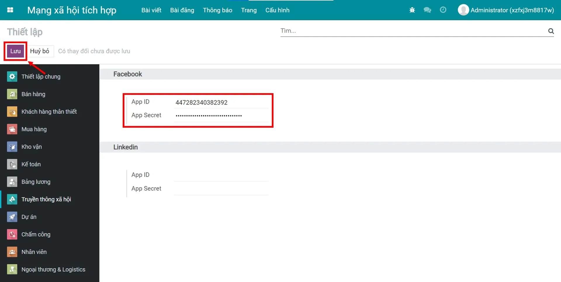 Dan App ID, App Secret vua sao chep vao he thong, nhan Save de hoan tat ket noi API Dan-App-ID-App-Secret-vua-sao-chep-vao-he-thong-nhan-Save-de-hoan-tat-ket-noi-API